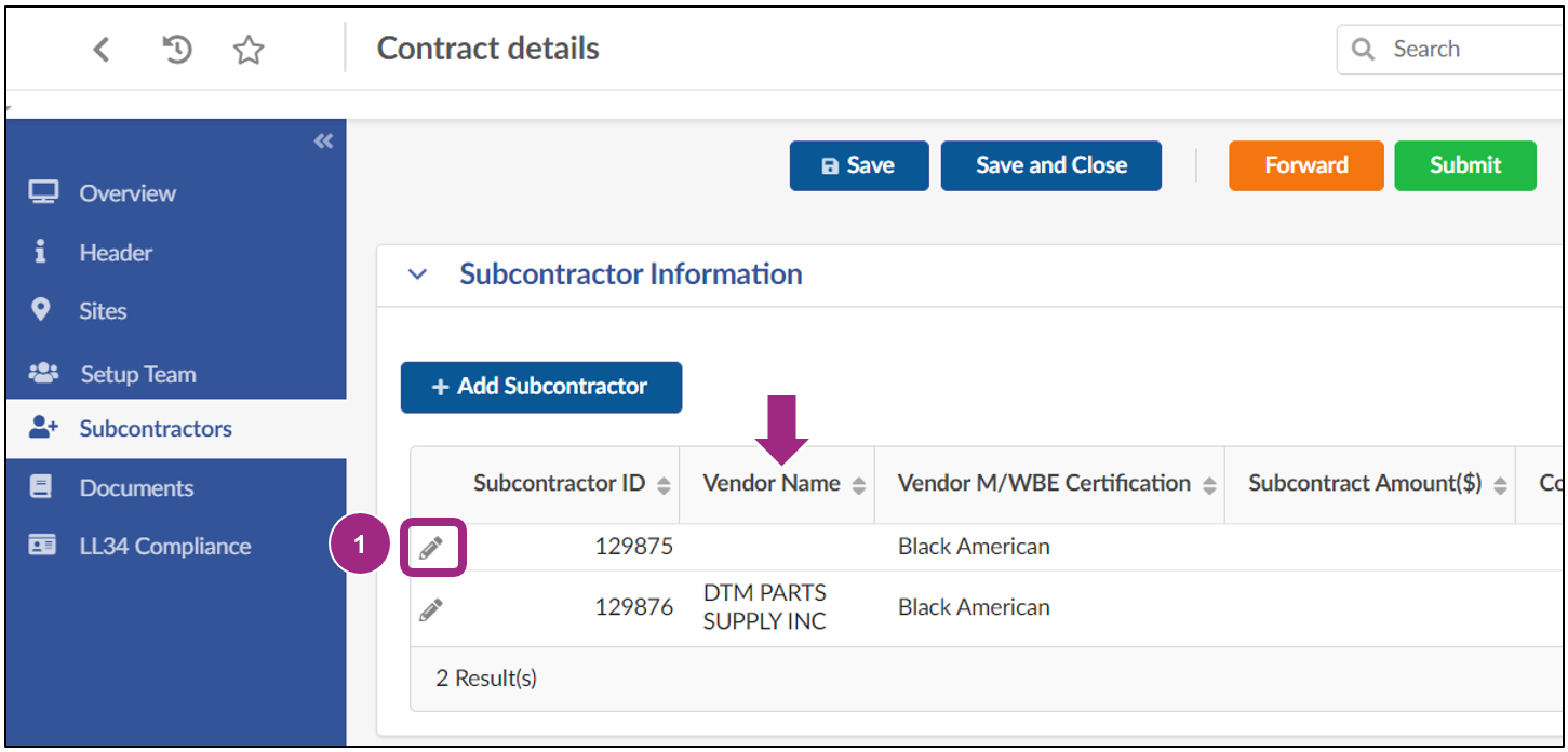 The Subcontractors tab. Of the two subcontractors listed, one displays with an empty Vendor Name field. 