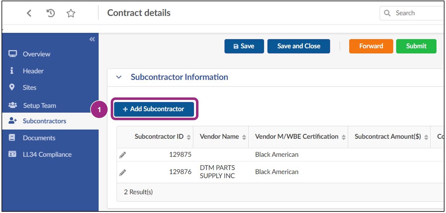 The Add Subcontractor button within the Subcontractors tab. 