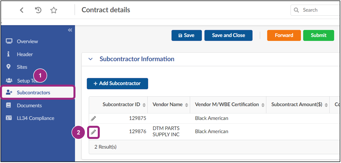 The Subcontractors tab. Two subcontractors are listed in the Subcontractor Information table.