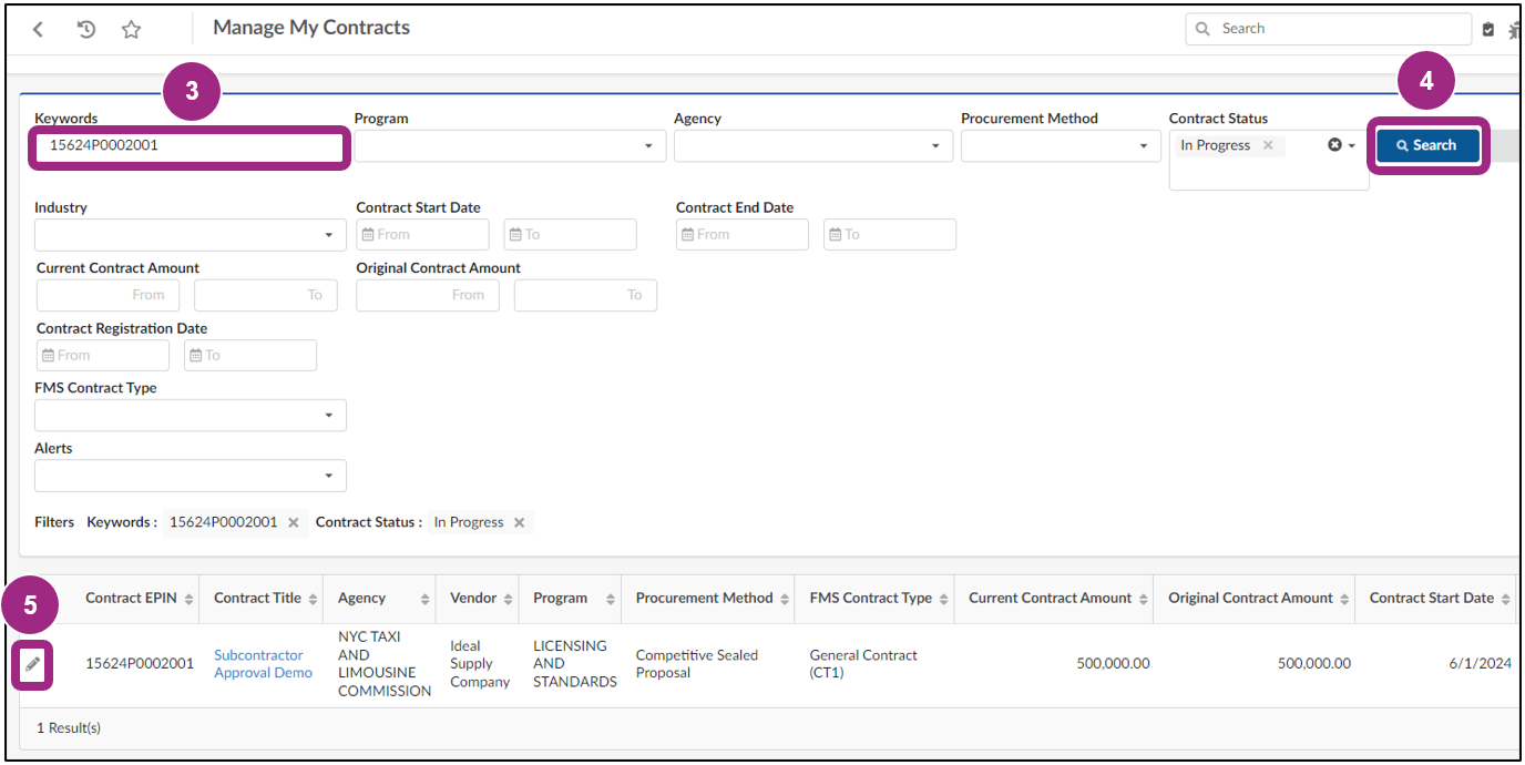 The Manage My Contracts page. A contract is visible in the search results. 