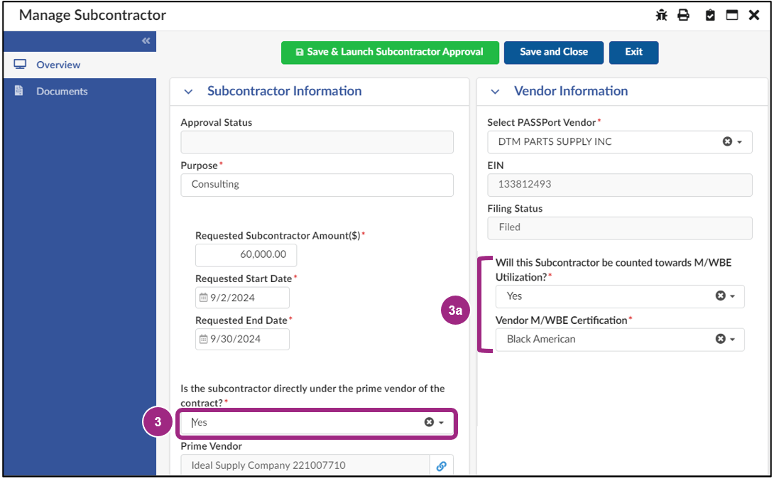 The Manage Subcontractor screen. Yes is selected in the 'Is the subcontractor directly under the prime vendor of the contract?' field, and additional fields related to M/WBE are visible.