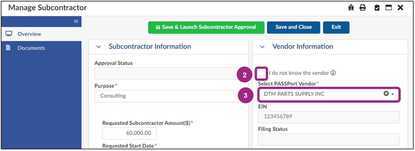 The Manage Subcontractor screen. The 'I do not know the vendor' checkbox has been unchecked.