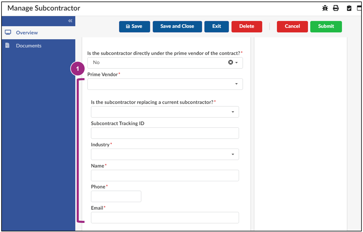 The Manage Subcontractor screen. Several required fields are visible. 