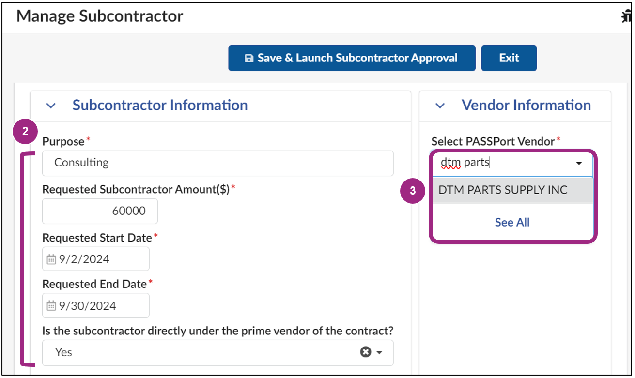 The Subcontractor Information and Vendor Information sections of the Manage Subcontractor screen. 