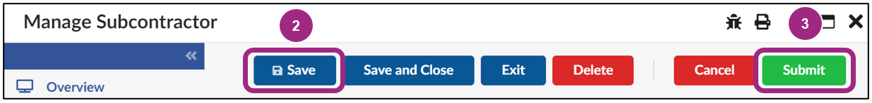 The Save and Submit buttons at the top of the Manage Subcontractor screen.