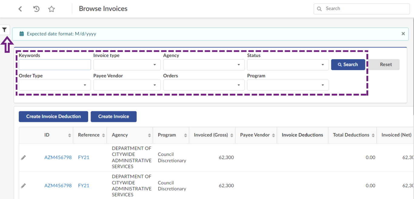 Screenshot of the Browse Invoices page showing search filter fields are near the top of the page, and the funnel icon to the left.