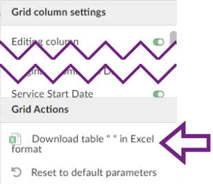 In the Grid settings pop-up menu under Grid Actions, two options are available: 1 - Download table in Excel format, and 2 - Reset to default parameters.