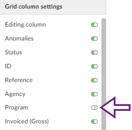 In the Grid settings pop-up menu, data types are listed under Grid Column Settings.