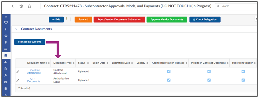 Under the Manage Documents button, the uploaded documents appear in a table. 