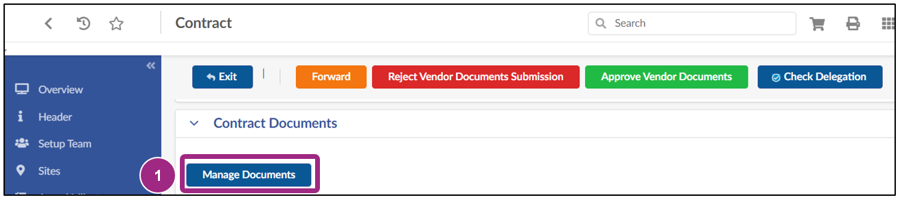 The Manage Documents button in the Contract Documents section of a contract. 