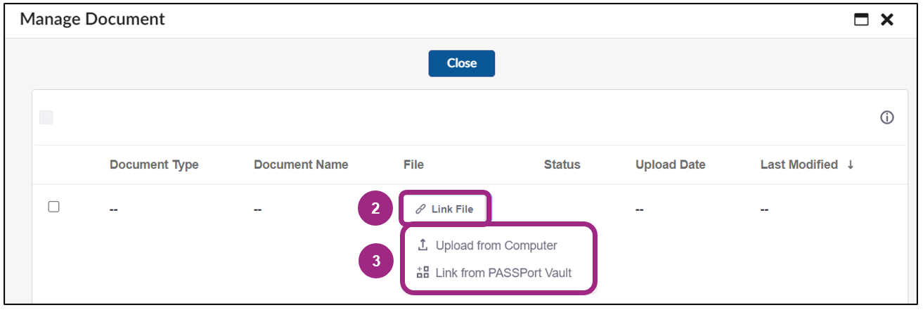 The Manage Document window. Options to upload or link a document are visible. 