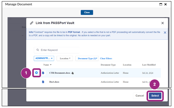 The Link from PASSPort Vault window. The Document Type filter is applied and two documents display in the table. 