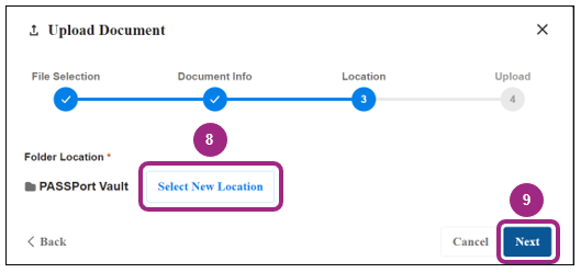 The Upload Document window at the Location step. 