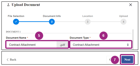 The Upload Document window at the Document Information step. 