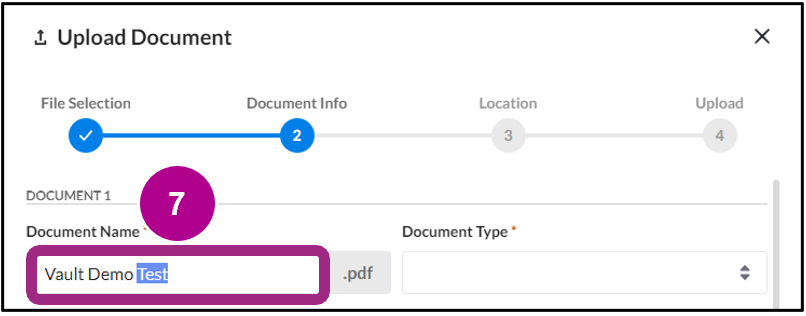 The Upload Document pop-up window with an entry in the Document Name field.