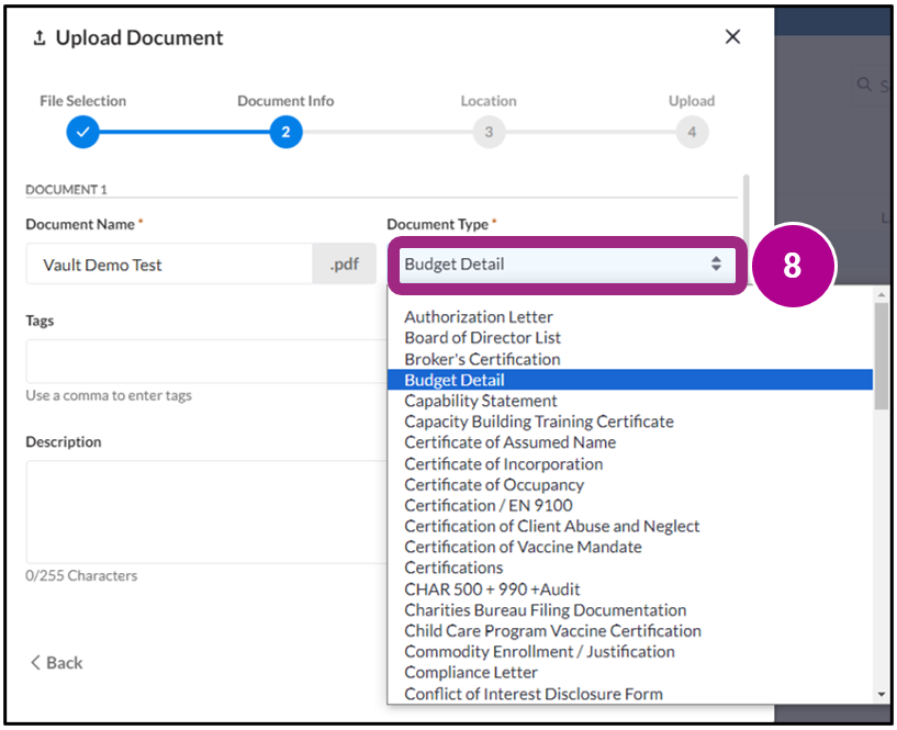 The Upload Document pop-up window with a selection made under Document Type.