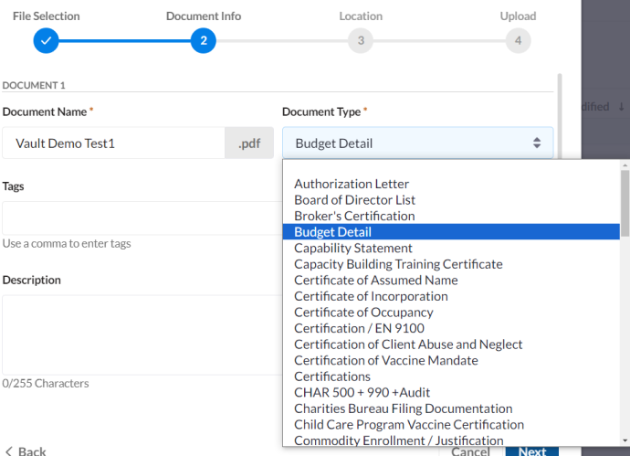 The open document type drop down menu shows over 10 different types to assign to the file.