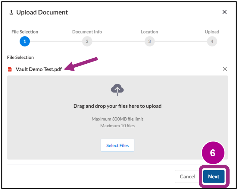 The Upload Document pop-up widow. A file displays and the Next button.