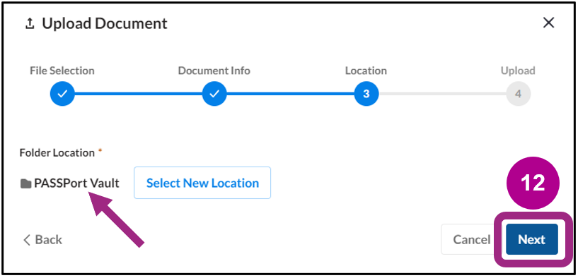 The Upload Document pop-up window with the Folder Location highlighted and the Next button.