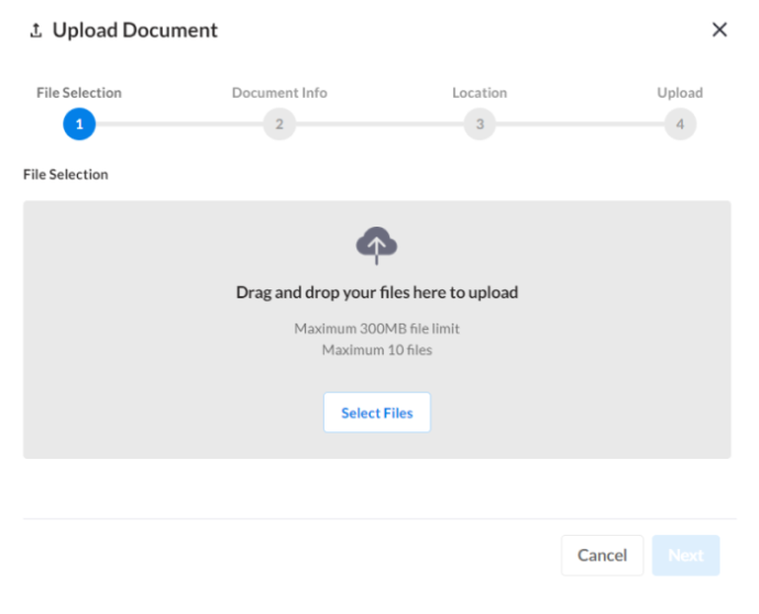 The popup for uploading documents, showing the first step where users can click and drag files into a rectangular space.