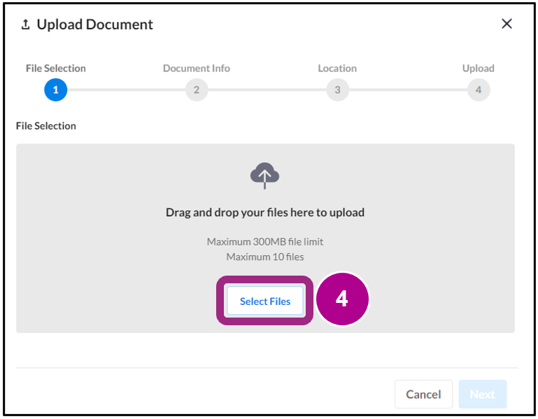 The Upload Document pop-up with the Select Files button.