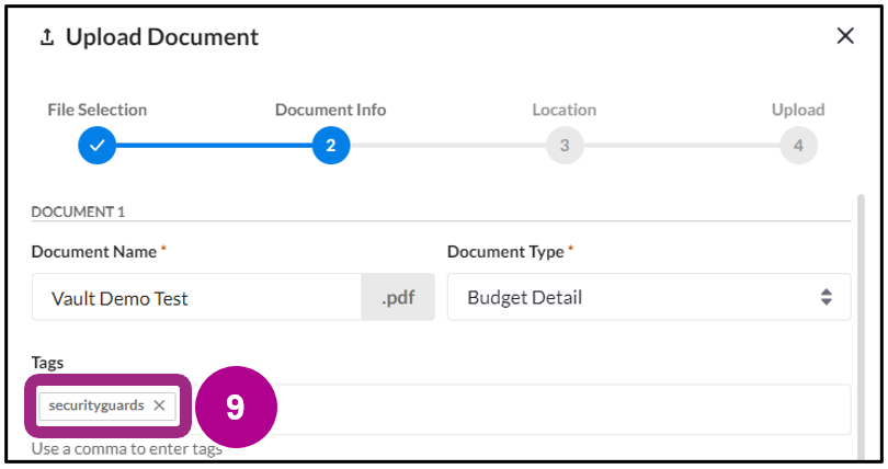The Upload Document pop-up window with a tag entered in the Tags field.