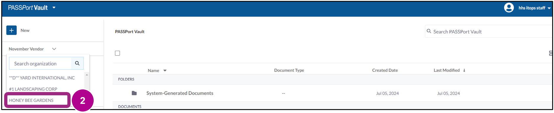 The Vault displays the organization drop-down menu.