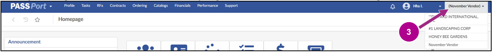 PASSPort Central displays the user's organization drop-down menu.