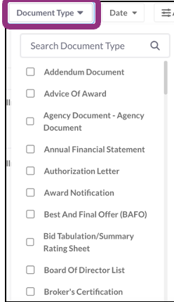 The Document Type drop-down filter. 