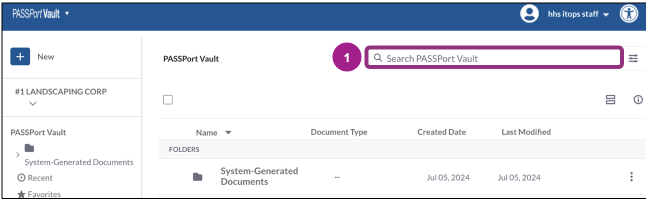 The Search PASSPort Vault search field in the top right corner of the screen.