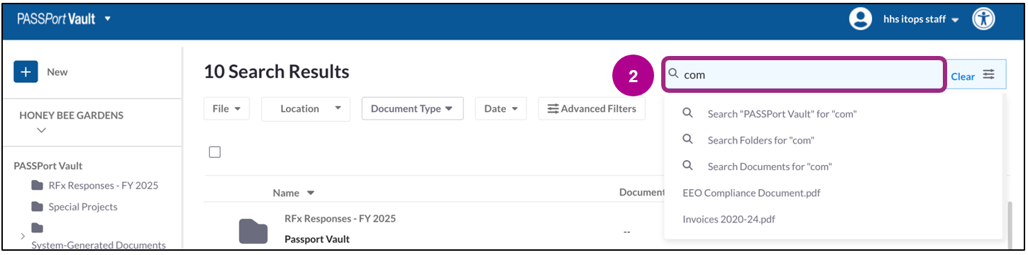 'Com' is entered in the Search PASSPort Vault field. Multiple options appear in the drop-down menu. 