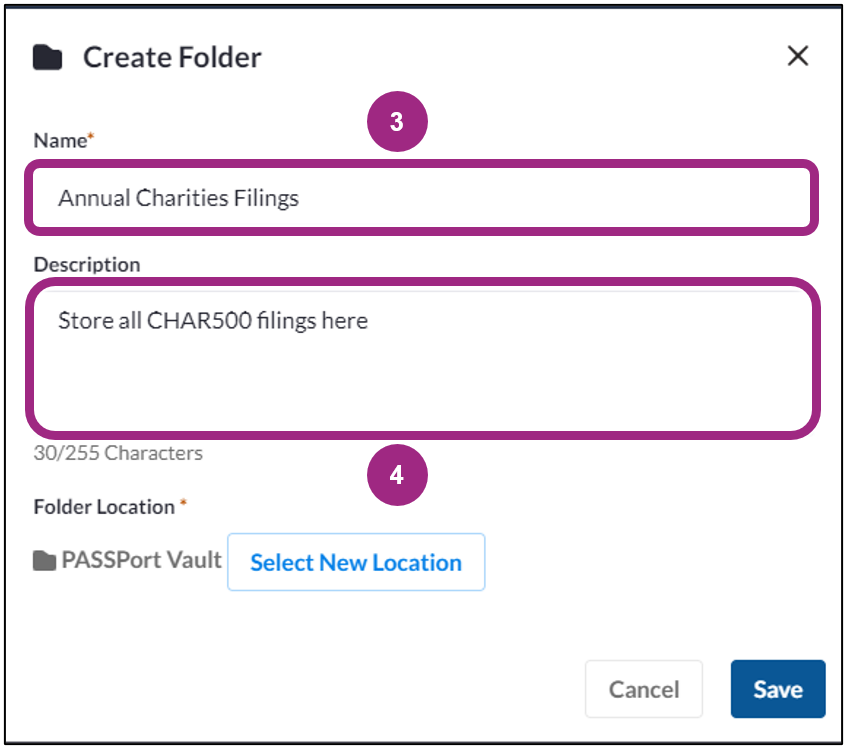 PASSPort Vault Create Folder image showing step 3 and 4 indicating Name and Description fields with outlines.