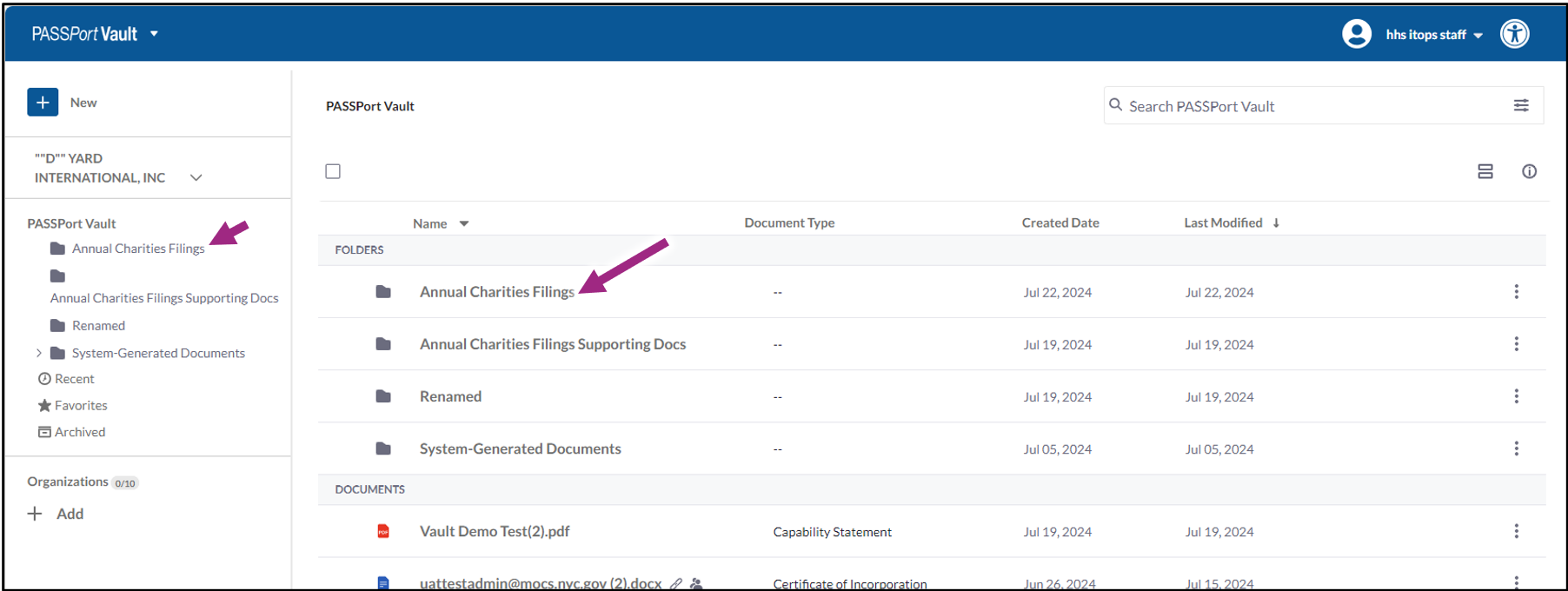 PASSPort Vault image in step 6 indicating with arrows location where the new folder is stored