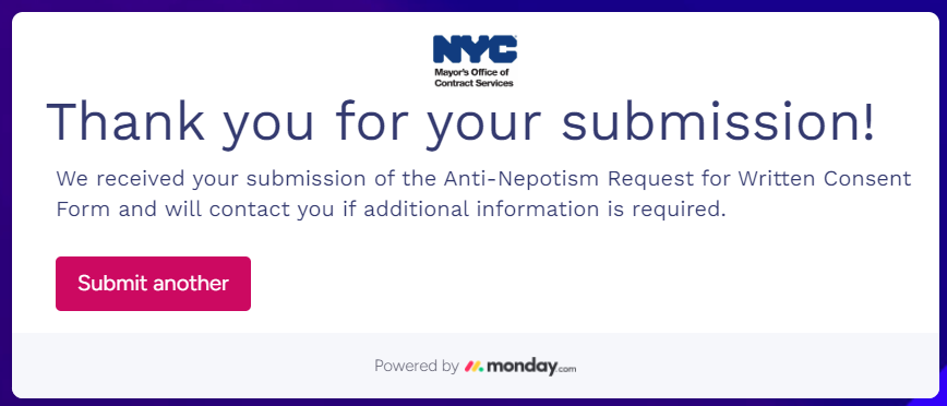 Message thanking you for submitting the Anti-Nepotism Request for Written Consent Form