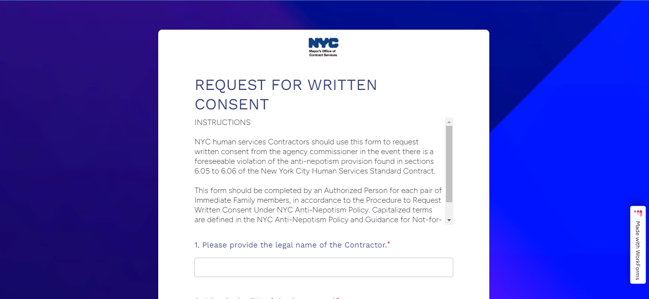 Screenshot of the online Request for Written Consent form