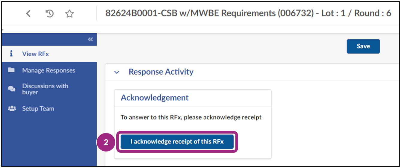 The View RFx tab displays the I acknowledge receipt of this RFx button. 