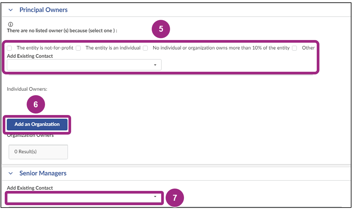 In the Principal Owners section, the following options are available is no Principal Owners exist: 'This entity is not-for-profit', 'This entity is an individual', 'No individual or organization owns more than 10% of the entity', and 'Other'.