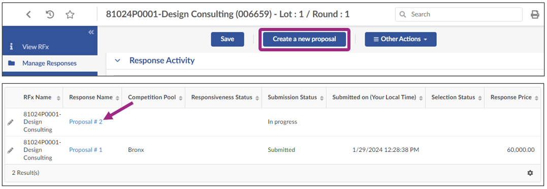 The Manage Responses tab displays the Create new proposal button.