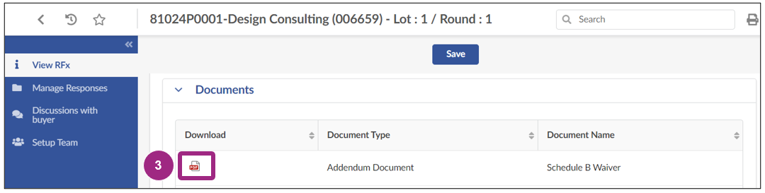 The View RFx tab displays the addendum document. 