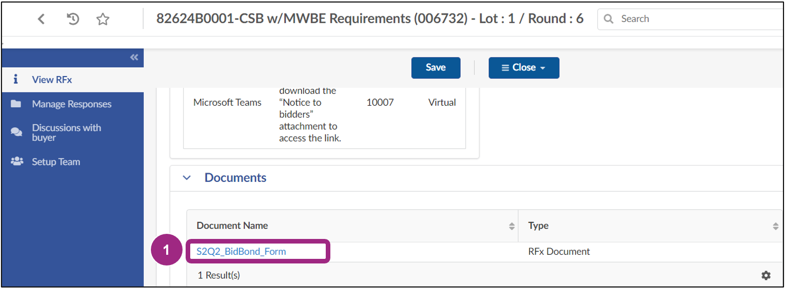 The View RFx tab displays the Documents section.