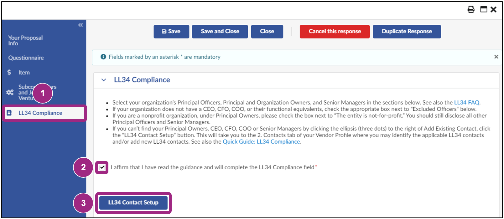 In the LL34 Compliance tab, the 'I affirm that I have read the guidance and will complete the LL34 Compliance field' checkbox is checked off. 