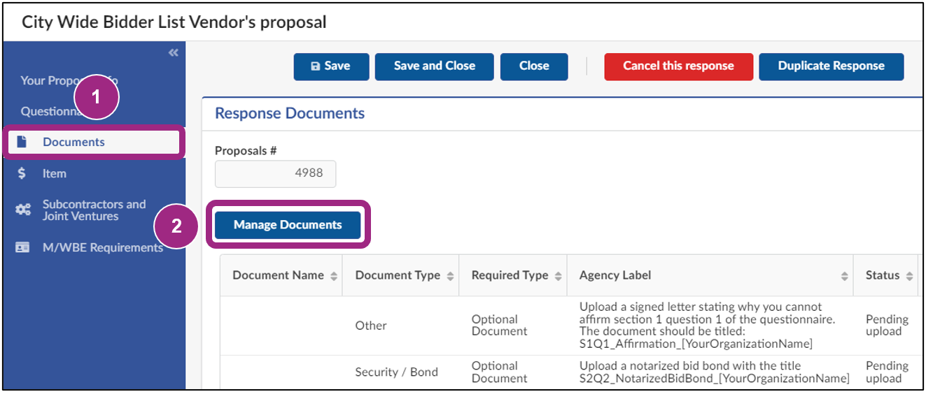 The Documents tab displays the Response Documents section.