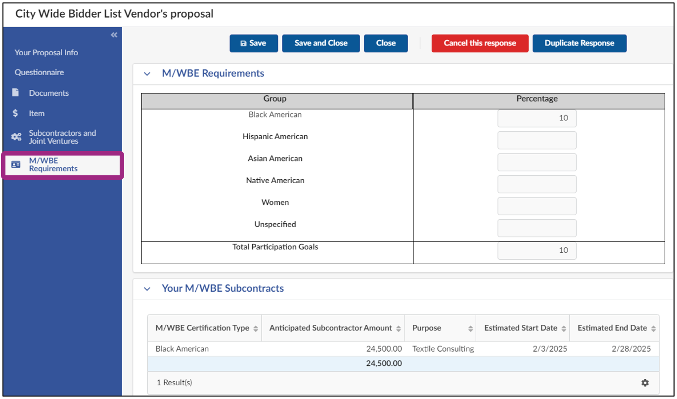 The M/WBE Requirements tab displays.