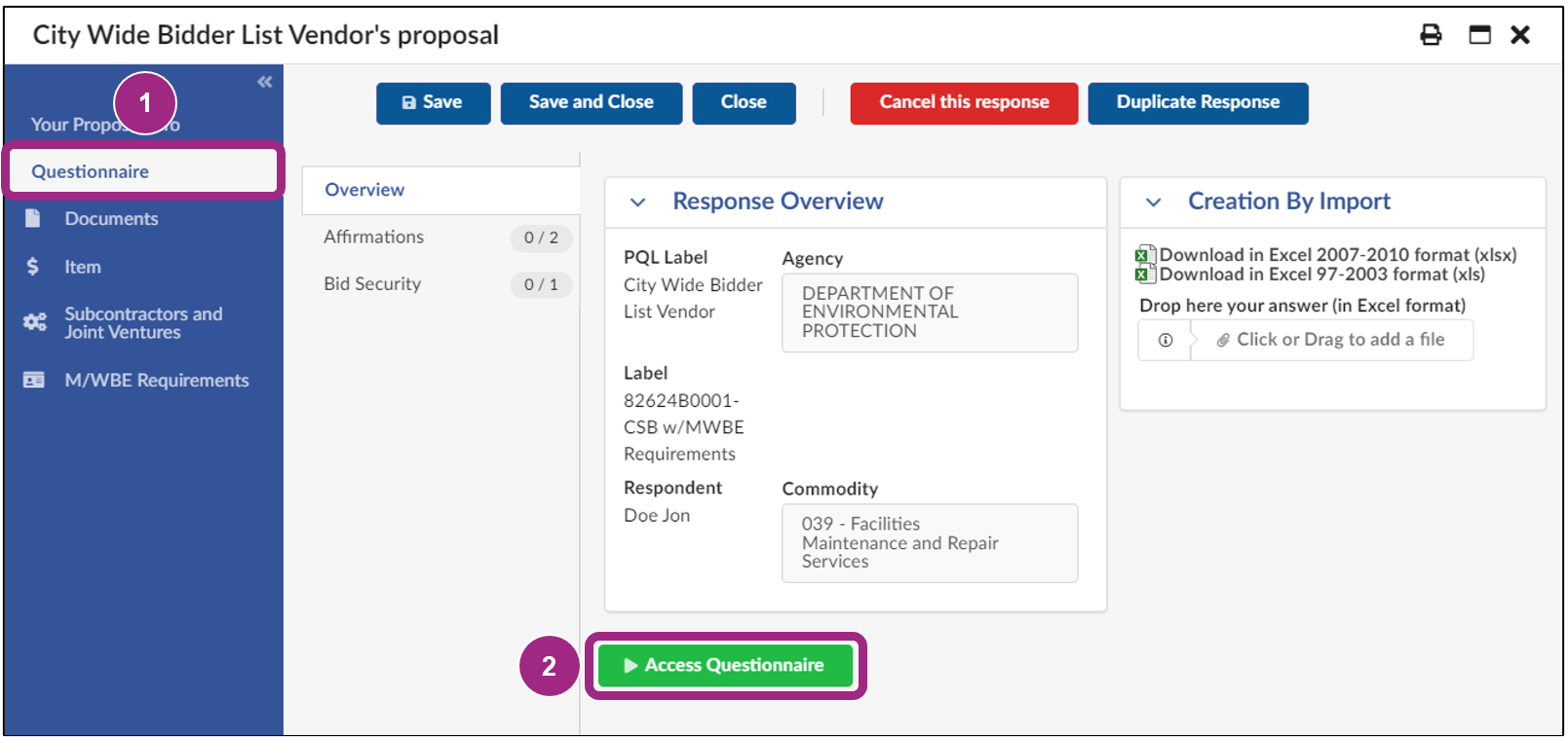 The Questionnaire tab displays with the Access Questionnaire button.