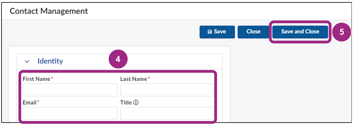 The Contact Management section displays the entry fields to enter contact details.