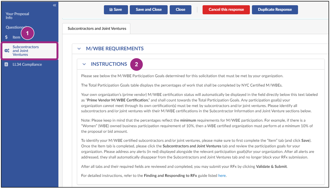 The Subcontractors and Joint Ventures tab displays the Instructions on how to complete this section.