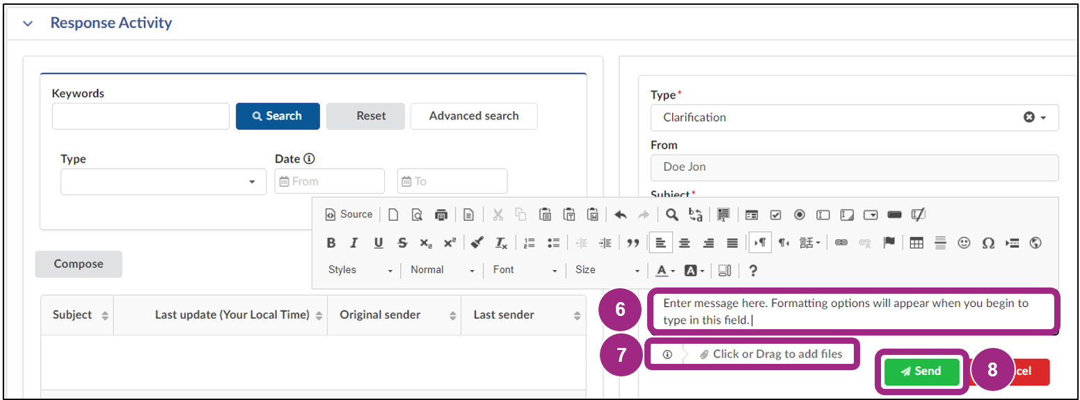 The Response Activity section displays the fields to enter the message and attach files.