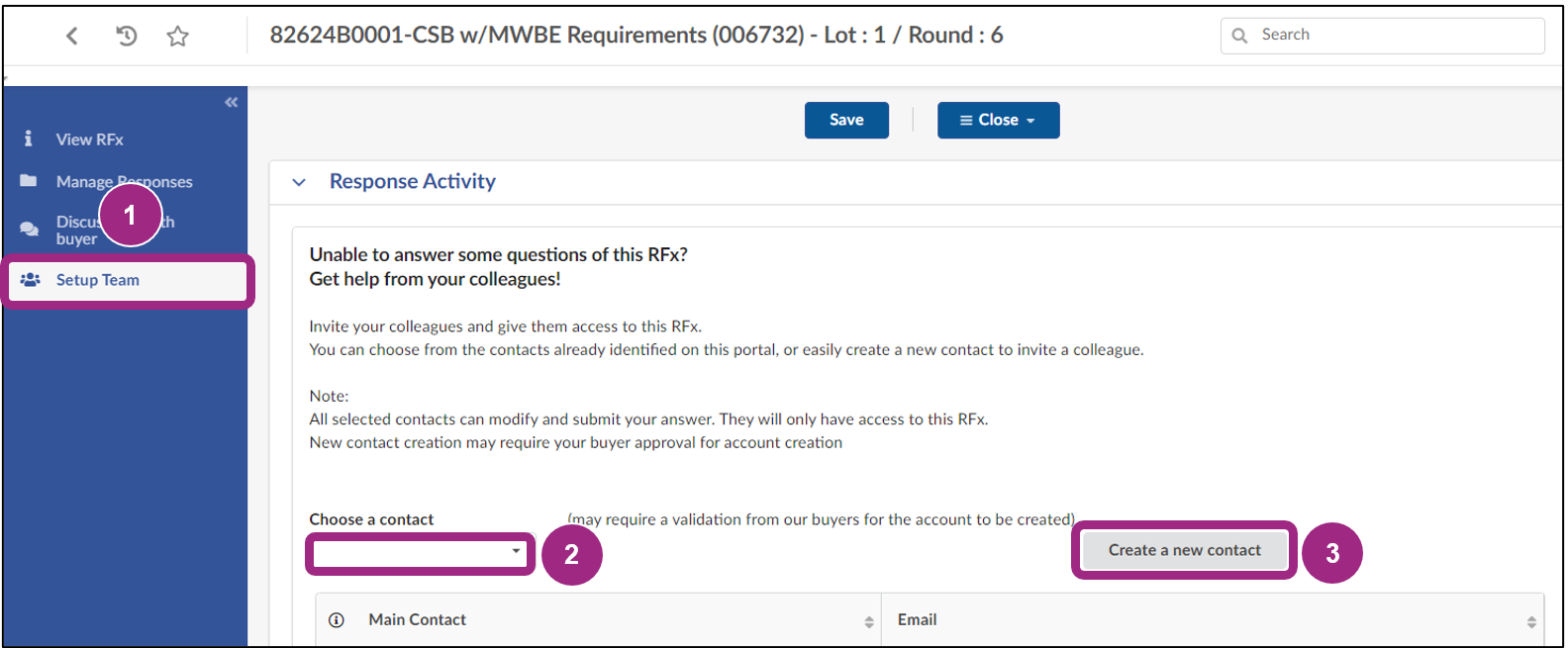 The Setup Team tab displays the two options to add contacts.