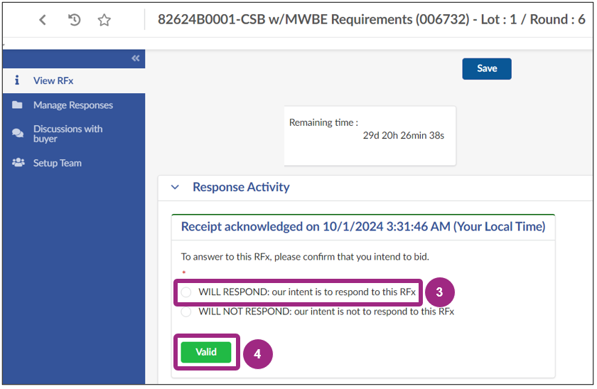 The View RFx tab displays the will respond and will not respond options.