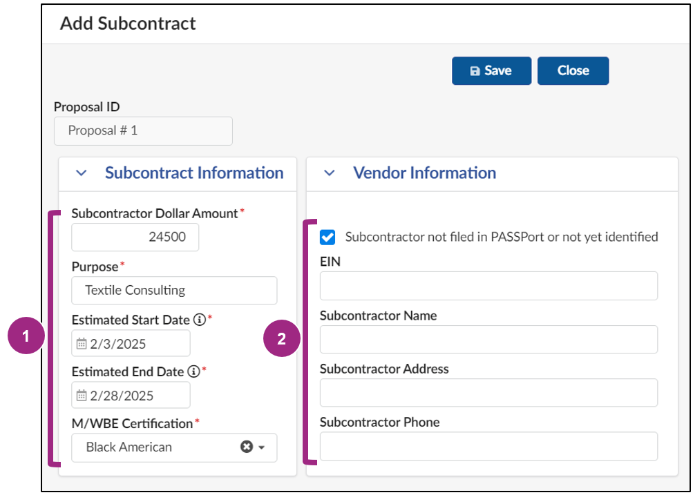 The Add Subcontract section displays.